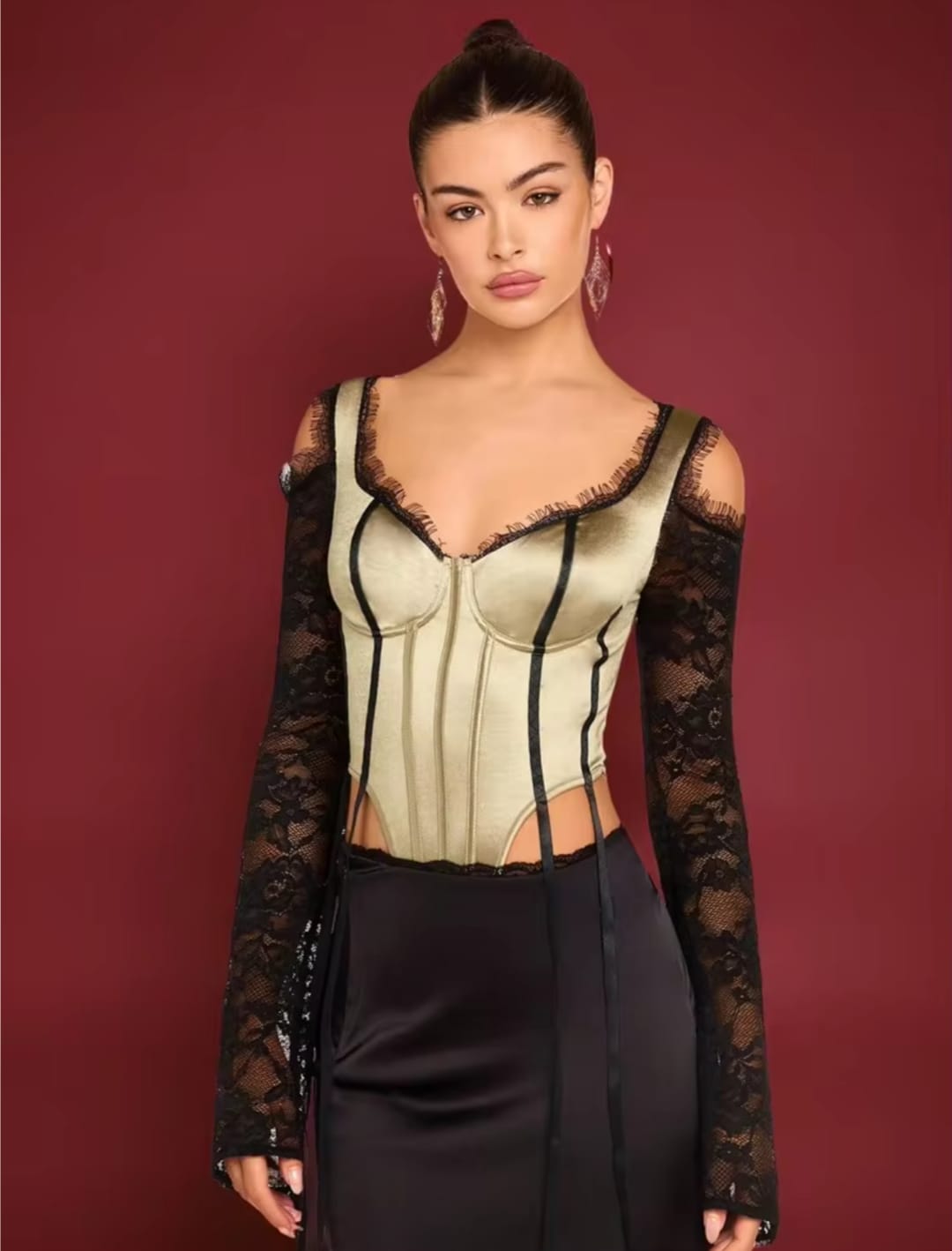Women’s Beige & Black Lace Corset Bodysuit with Long Sheer Sleeves and Lace Trim